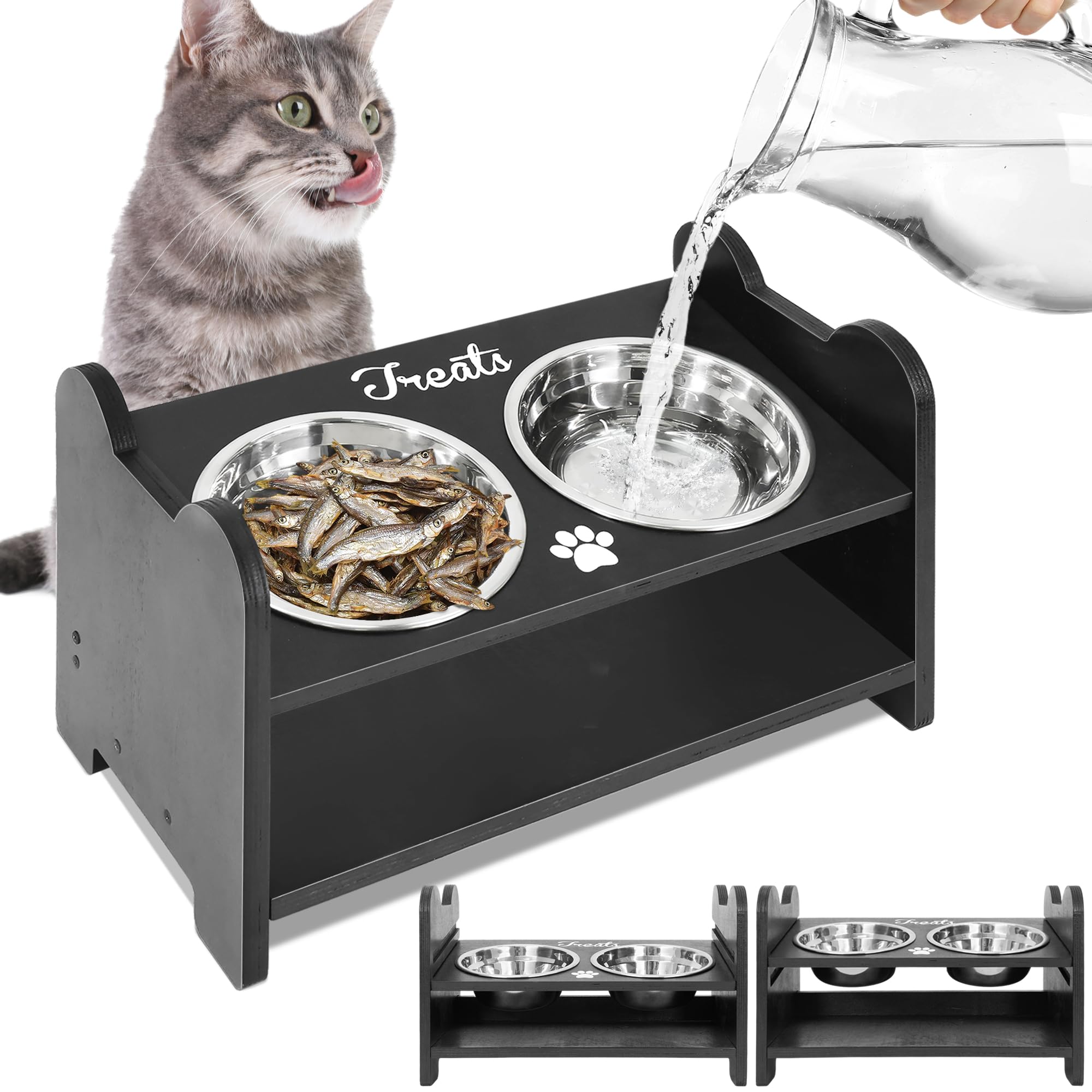 Wood Raised Cat Bowl 15° Tilted Elevated Dog Bowls Adjustable Dog Bowl Stand 2 Stainless Steel Bowl with Stand for Kitty Cats Puppy Food Grade Cat Food Bowls