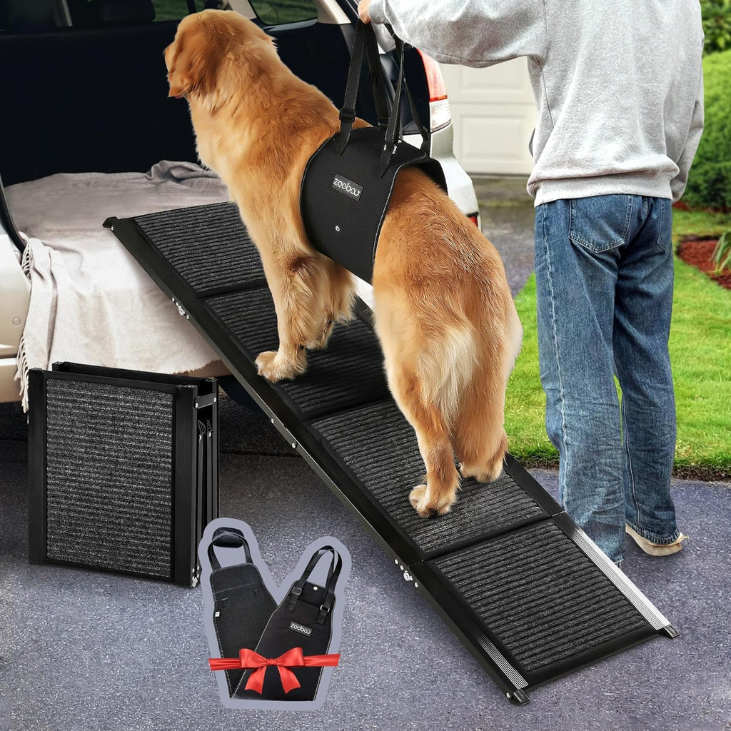 Zooba Dog Ramp for Car 67" Long & 17.3" Wide Foldable Dog Ramp for Large Dogs - 250 lbs Capacity Anti-Slip Felt Surface Wide Pet Ramp with Dog Lift Harness for Old Dogs - Durable and Portable