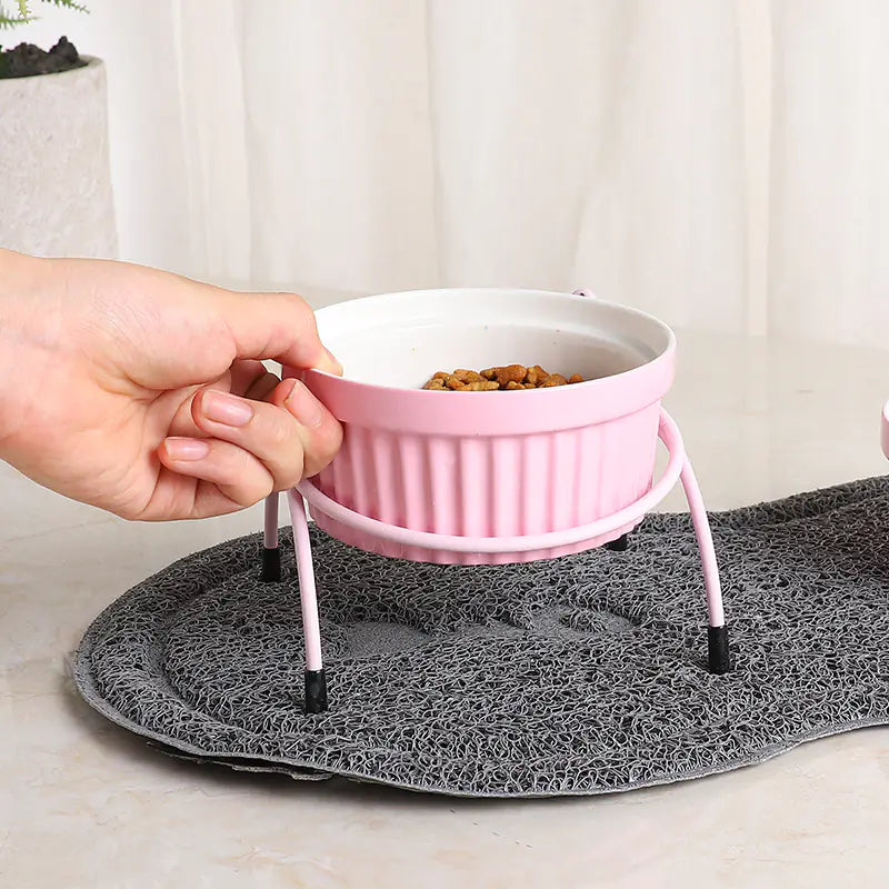 Ceramic Cat Bowl with Iron Stand for Pet Feeding