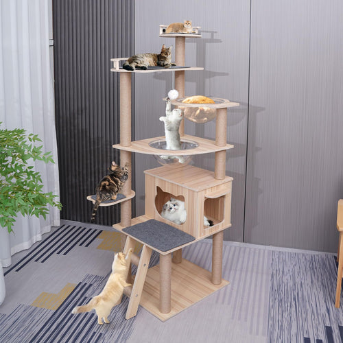 Cat Tree Wood cat Tower with cat CarpetModern Cat Tree Tower for Indoor Cats - 67" Tall Wood Condo with Hammock Scratching Post and Removable Pads for Small Large Cats