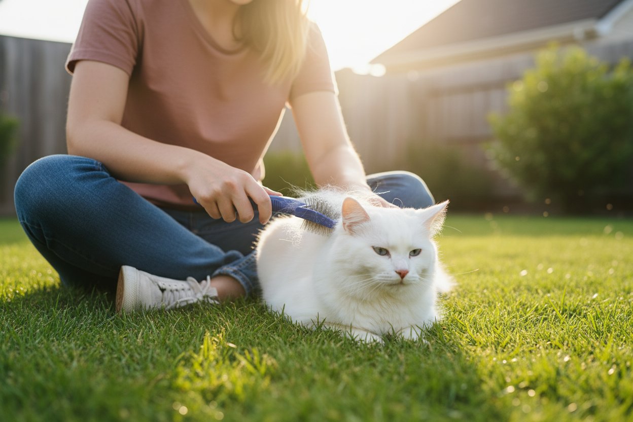 Backyard White Cat Grooming