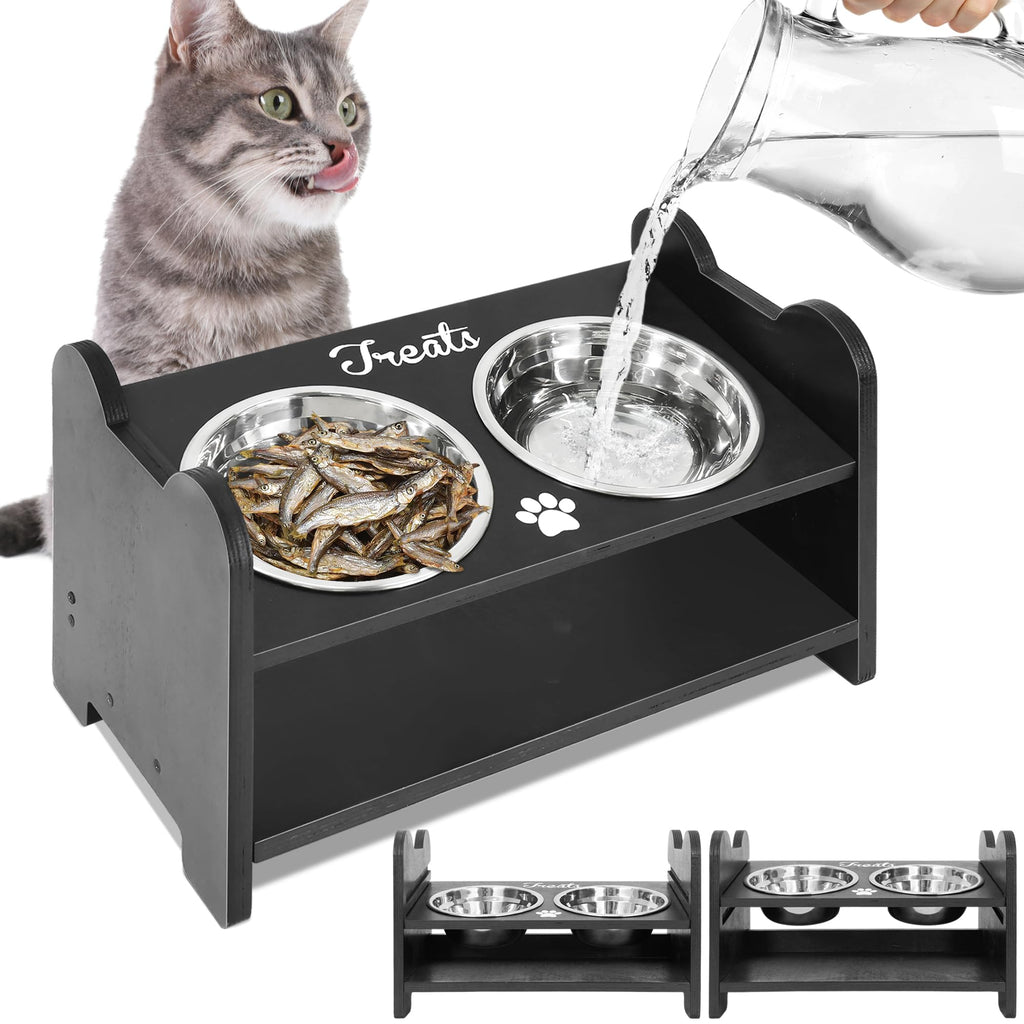 Wood Raised Cat Bowl 15° Tilted Elevated Dog Bowls Adjustable Dog Bowl Stand 2 Stainless Steel Bowl with Stand for Kitty Cats Puppy Food Grade Cat Food Bowls