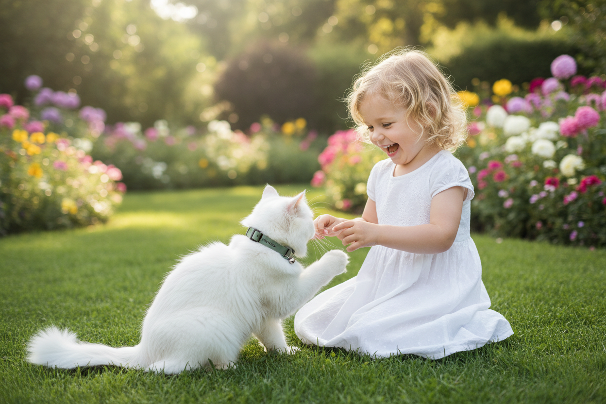 Fluffy White Cat & Little Blonde Girl in Garden