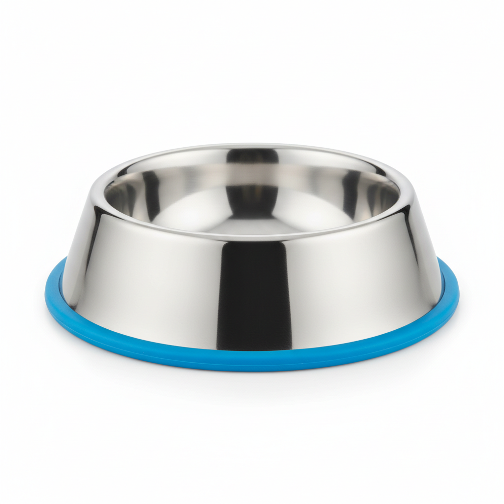 Stainless steel dog bowl with blue non-slip base