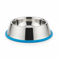 Stainless steel dog bowl with blue non-slip base