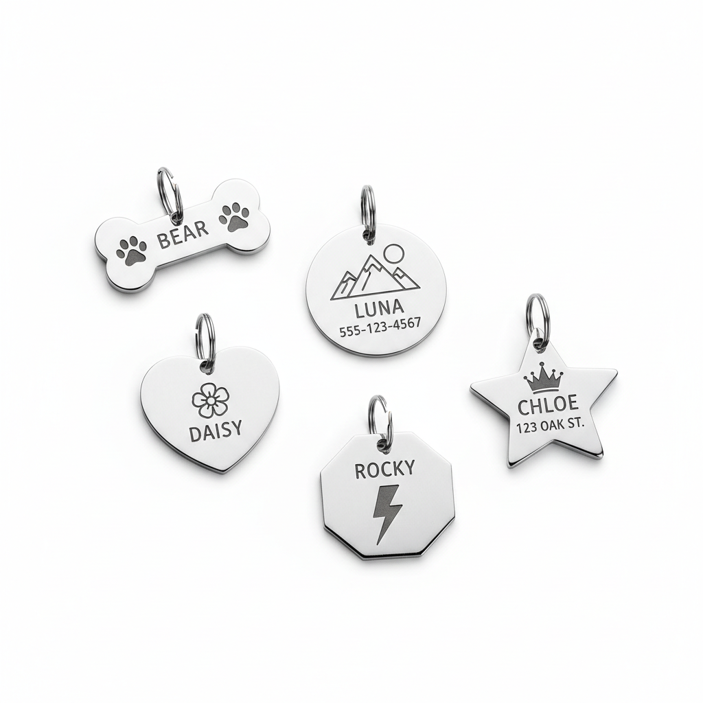 Personalized pet ID tags in various shapes