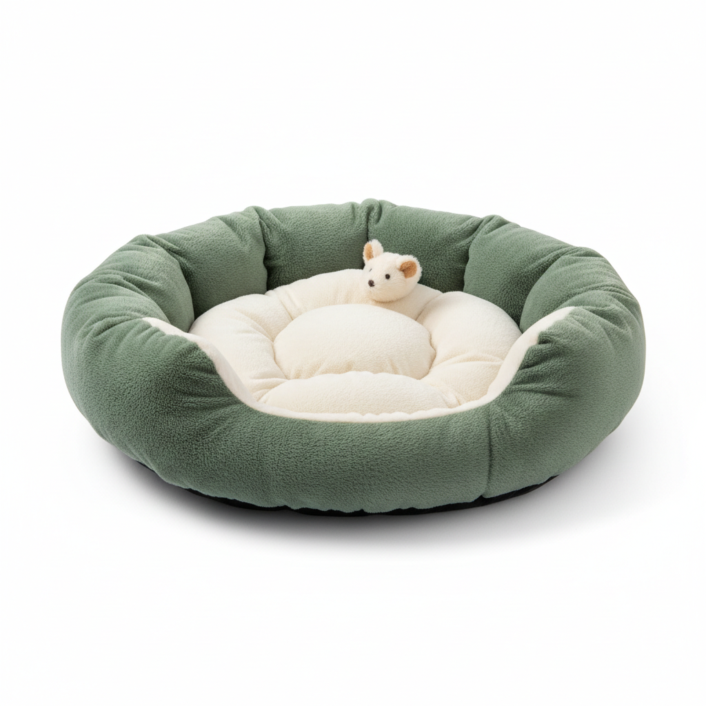Soft plush cat bed in green and cream colors