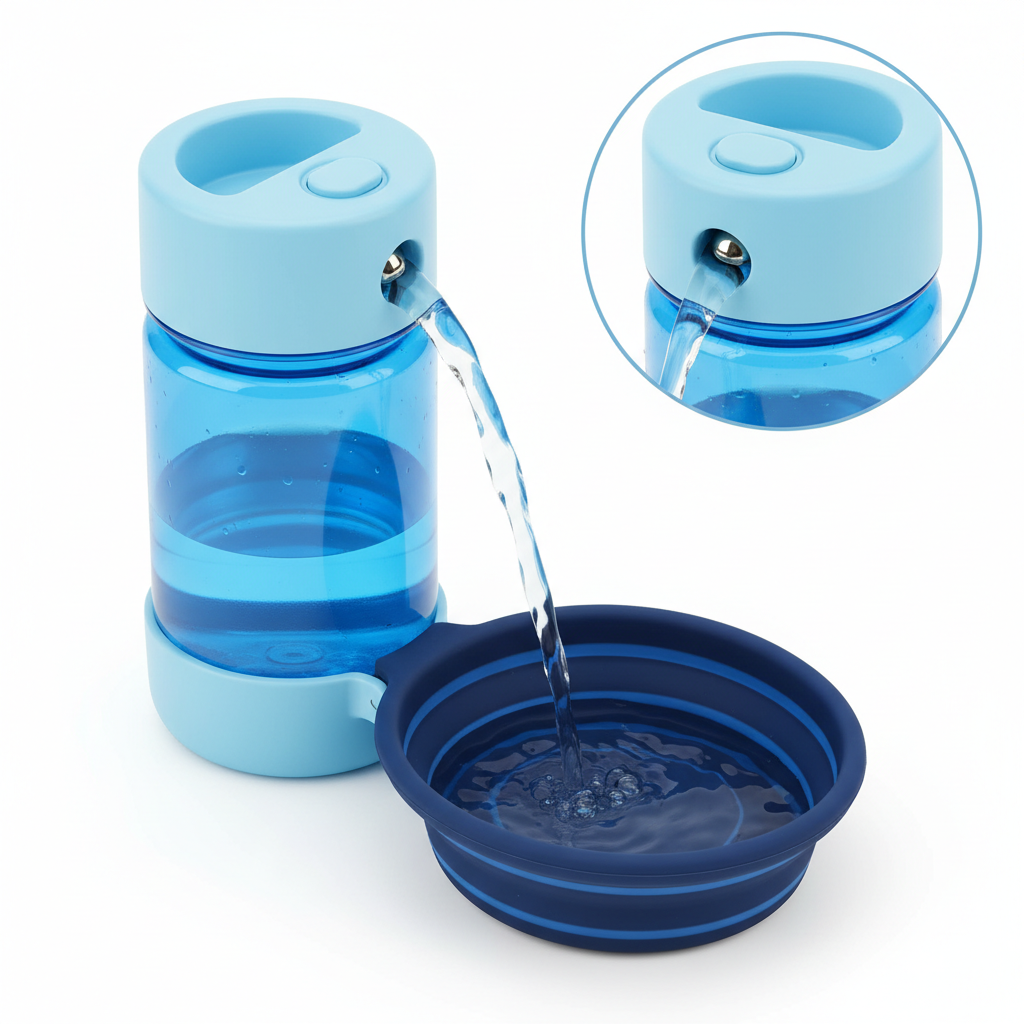 Blue pet travel water bottle with attached bowl