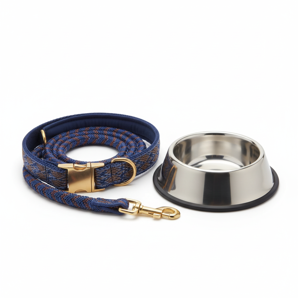 New dog owner starter kit with collar, leash, and bowl