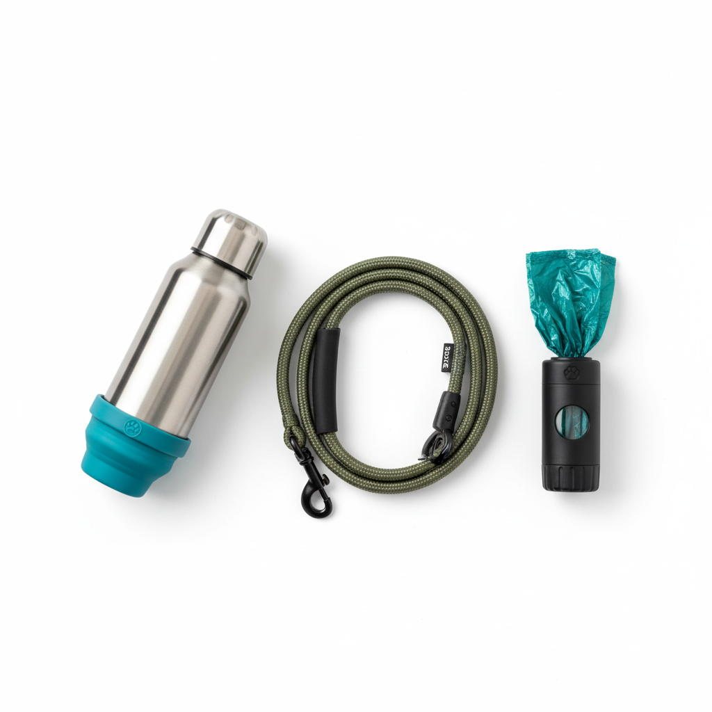 Dog walking essentials pack with leash, waste bags, and water bottle