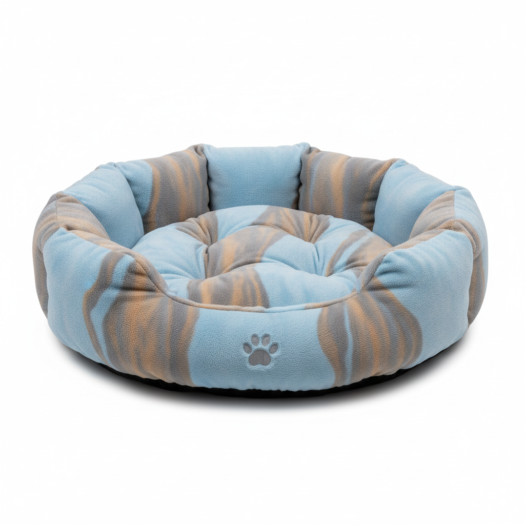 Plush dog bed in blue and gray