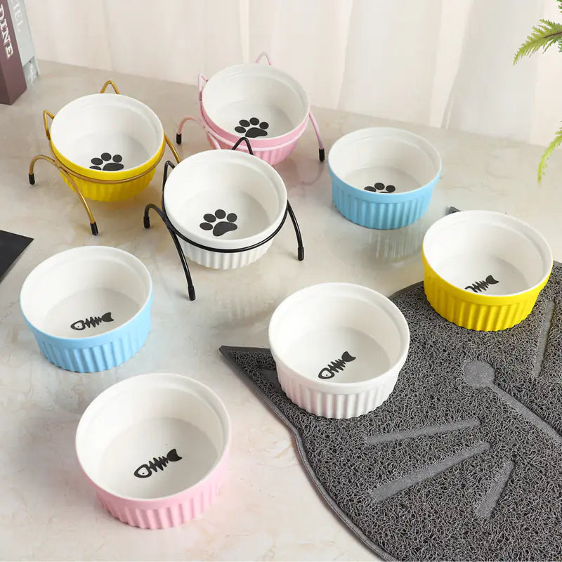 Ceramic Cat Bowl with Iron Stand for Pet Feeding