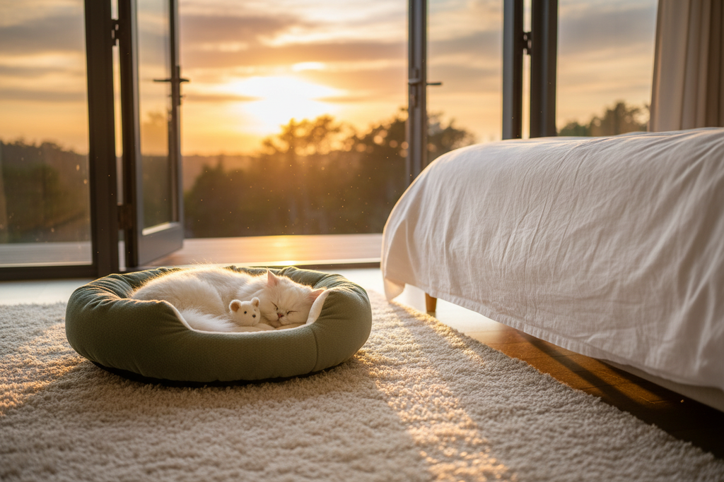 Plush Cat Bed - Bedroom Sunset