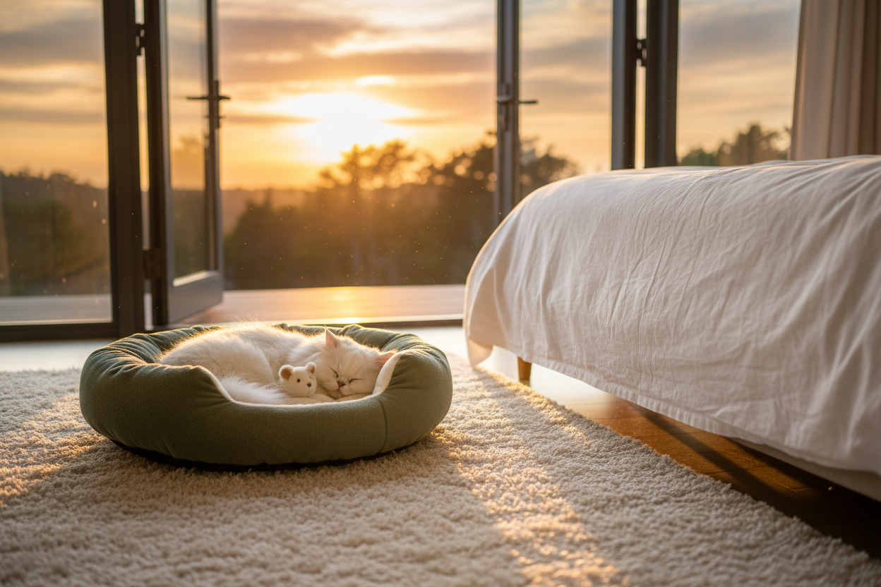 Plush Cat Bed - Bedroom Sunset