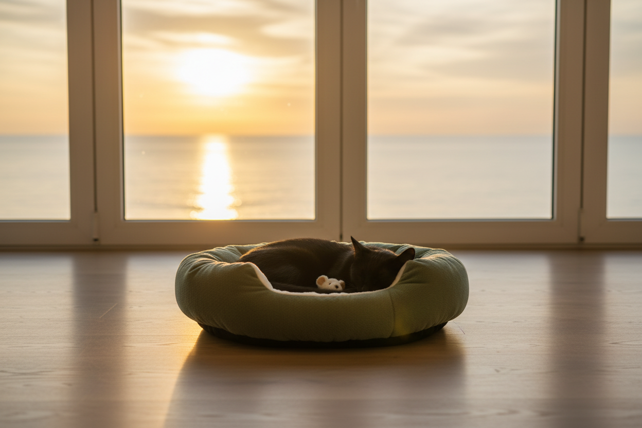Plush Cat Bed - Black Cat Sunrise Ocean